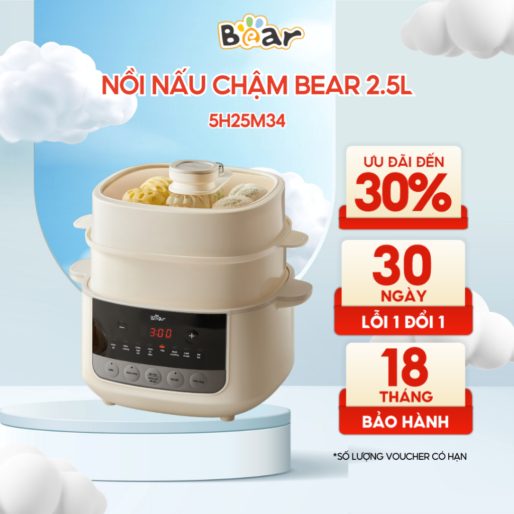 Nồi nấu cháo chậm Bear 2.5L, hầm kho chậm, nồi chưng yến, hấp đồ ăn giữ trọn dinh dưỡng SC-5H25M34