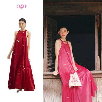 Đầm maxi OLV cổ yếm kèm dây cột eo Isaura nổi bật dịu dàng phù hợp đi chơi, du lịch