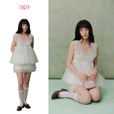 Áo lưới babydoll OLV bồng xòe tiểu thư Ivory Mesh Smocked Layered Top phù hợp đi chơi đi tiệc