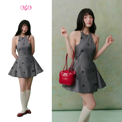 Đầm OLV xòe cổ yếm tiểu thư ngọt ngào Gray Embro Halter Mini Dress phù hợp đi chơi đi tiệc