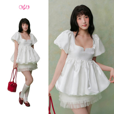 Áo babydoll OLV ánh kim cổ vuông đứng form White Tafta Puff Top phù hợp đi chơi đi tiệc nhẹ