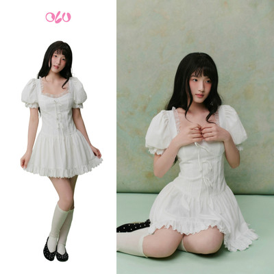 Đầm OLV tay bồng phối ren nơ White Linen Puff Sleeves Lace Trim Mini Dress tiểu thư dịu dàng