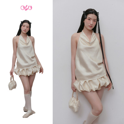 Áo OLV lụa kiểu nữ cổ đổ dáng suông thanh lịch Brown Satin Halter Cowl Top phù hợp đi chơi đi tiệc