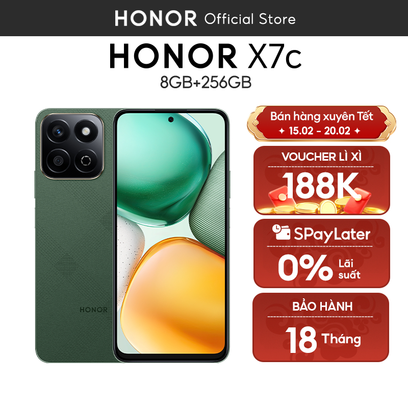 Điện thoại di động Honor X7c 8GB + 256GB | Pin 6000mAh | Camera 108MP| Loa kép | Kháng nước IP64 | BH 18 Tháng