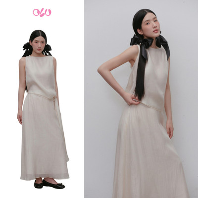 Set OLV áo và chân váy đũi thanh lịch mềm mại Cream Muslin Tie Waist Set phù hợp đi chơi đi làm