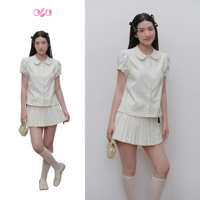 Set OLV áo và chân váy xếp ly dễ thương Cream Collared Pleated Set phù hợp đi chơi đi cà phê