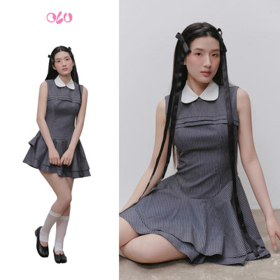 Đầm cổ sen OLV thanh lịch tiểu thư Charcoal Denim Pleated Mini Dress phù hợp mọi dịp