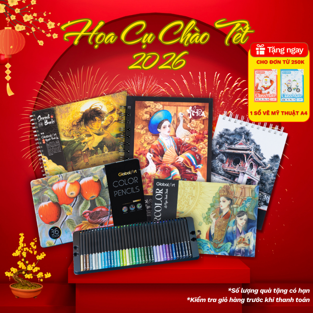 Combo Họa Cụ Chào Tết GLOBAL ART- Bộ Luyện Vẽ Tô Màu Chì, Màu Nước, Acrylic Kèm 1 Sổ Sketchbook