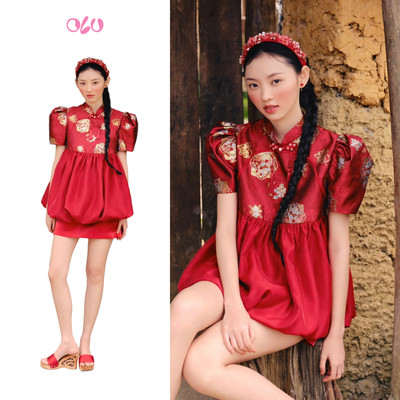 Đầm OLV babydoll hoa gấm cổ đứng truyền thống Nương Hoa phù hợp đi chơi lễ tết