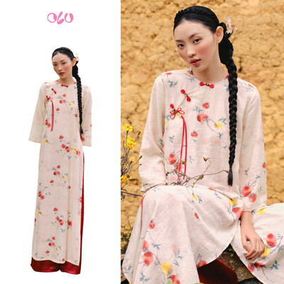 Áo dài OLV họa tiết trái lựu cổ tròn tay dài tinh tế Hân Nghiên phù chơi lễ tết (Không kèm quần)