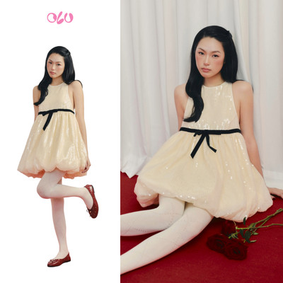 Đầm bí suông OLV phối kim sa nổi bật Cream Sequin Halter Mini Dress phù hợp đi tiệc