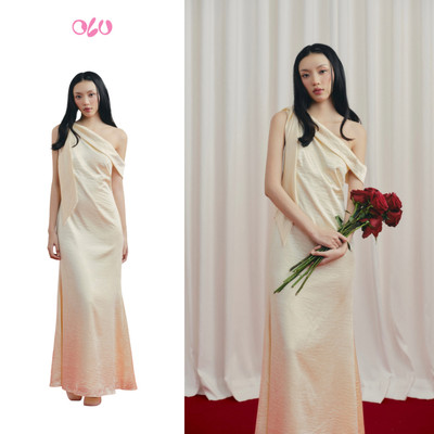 Đầm lụa maxi OLV lệch vai thanh lịch Cream Satin One Shoulder Dress phù hợp đi tiệc