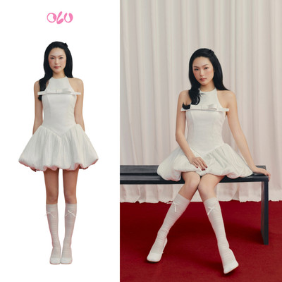 Đầm bí OLV ngắn đính nơ thanh lịch White Bowy Halter Puff Mini Dress phù hợp đi chơi đi tiệc