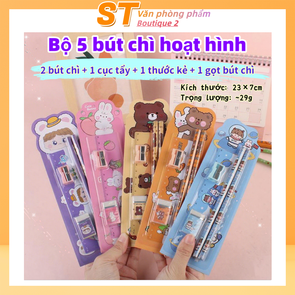Bộ 5 bút chì hoạt hình dành cho học sinh - Hộp quà đồ dùng học tập và vẽ phác thảo, quà tặng ngày Quốc tế Thiếu nhi