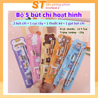 Bộ 5 bút chì hoạt hình dành cho học sinh - Hộp quà đồ dùng học tập và vẽ phác thảo, quà tặng ngày Quốc tế Thiếu nhi
