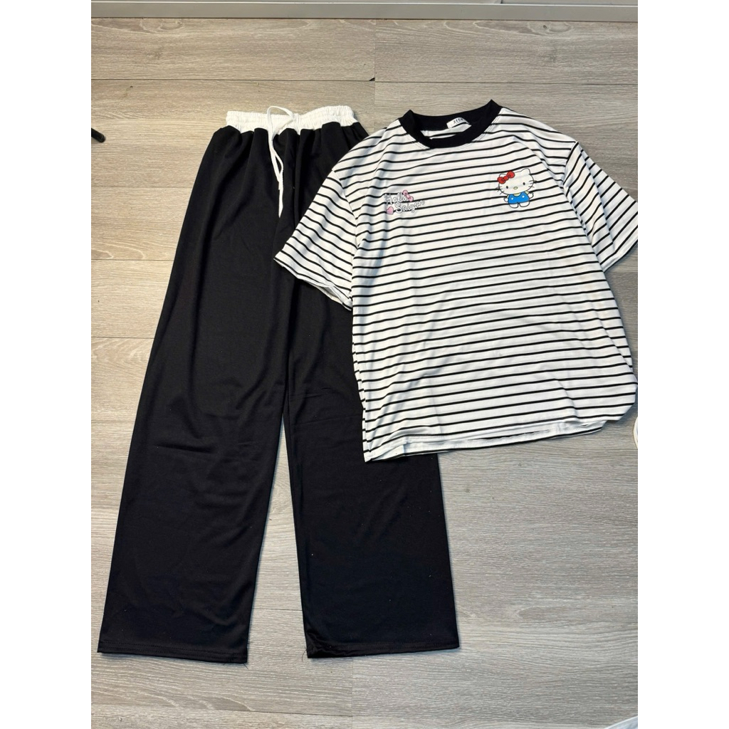 set bộ đồ áo cộc tay in hình kitty mix quần ống suông phối cạp trắng - Áo cộc Habo+quần