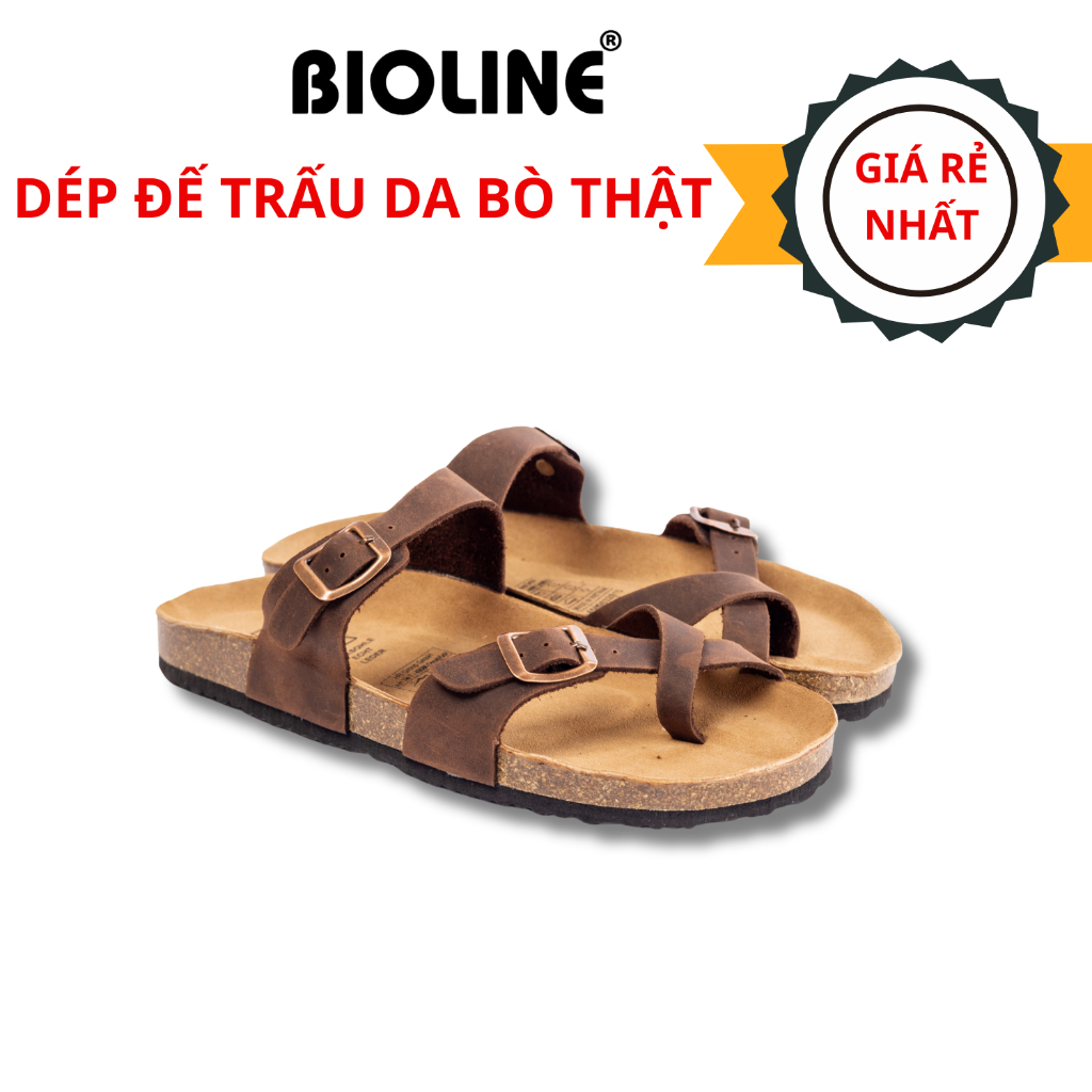 Dép Birken Đế Trấu Thiết Kế Quai Da Bò xỏ ngón Unisex Nam và Nữ  Thương Hiệu BIOLINE D06
