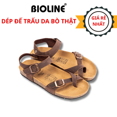 Dép Sandal Da Bò Nam Đế Trấu Quai Da Bò Thật Xỏ Ngón Chính Hãng Bioline - D14