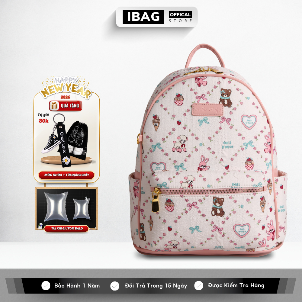 Balo vải phối da nữ IBAG chất liệu vải cao cấp chống nước chống bụi cặp học sinh đi học đi chơi đựng laptop 14inh
