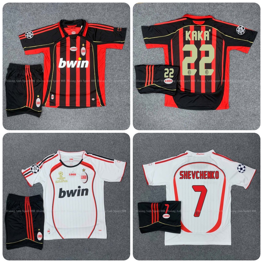 Bộ Quần Áo Bóng Đá CLB AC Milan, Retro 2007- Vải Palyster Gai Thái+ Patch Nhung Chuẩn Thi Đấu