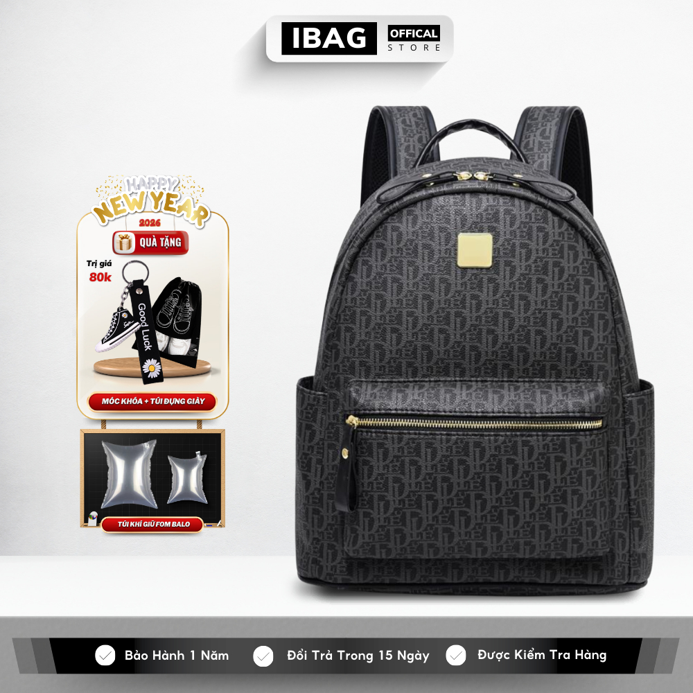 Balo da nam nữ IBAG chất liệu da PU cao cấp chống nước chống bụi cặp học sinh đi học đi chơi đựng laptop 14inh
