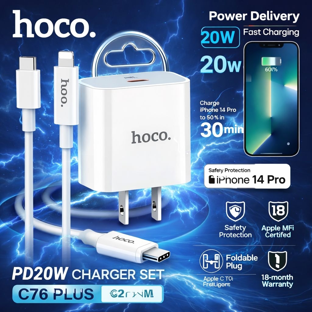 0Bộ Sạc Nhanh PD 20W Cho 8/8P/X/Xs/11/12/13/Pro/ProMax - Hoco C76 Plus/C76A