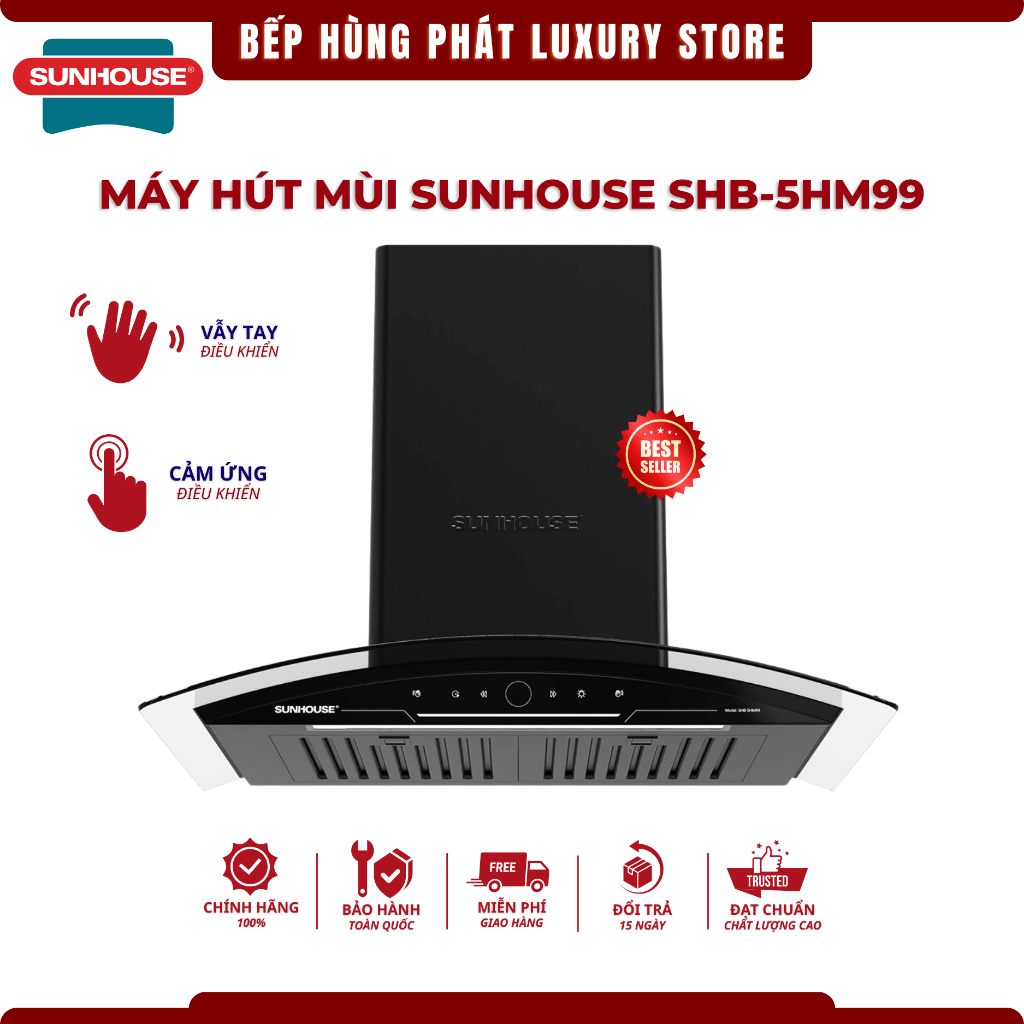 Máy Hút Mùi Kính Cong SUNHOUSE SHB-5HM99, Điều Khiển Cảm Ứng, Cảm Biến Vẫy Tay, Hẹn Giờ Thông Minh
