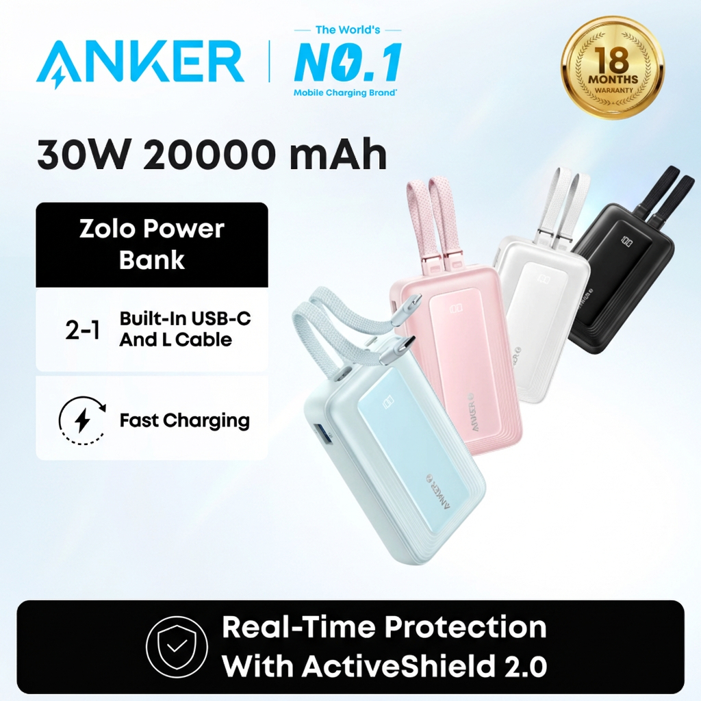 Pin dự phòng Anker Zolo 20.000mAh 30W Max Fast Portable Charger tích hợp cổng USB-C&Lightning A1680/