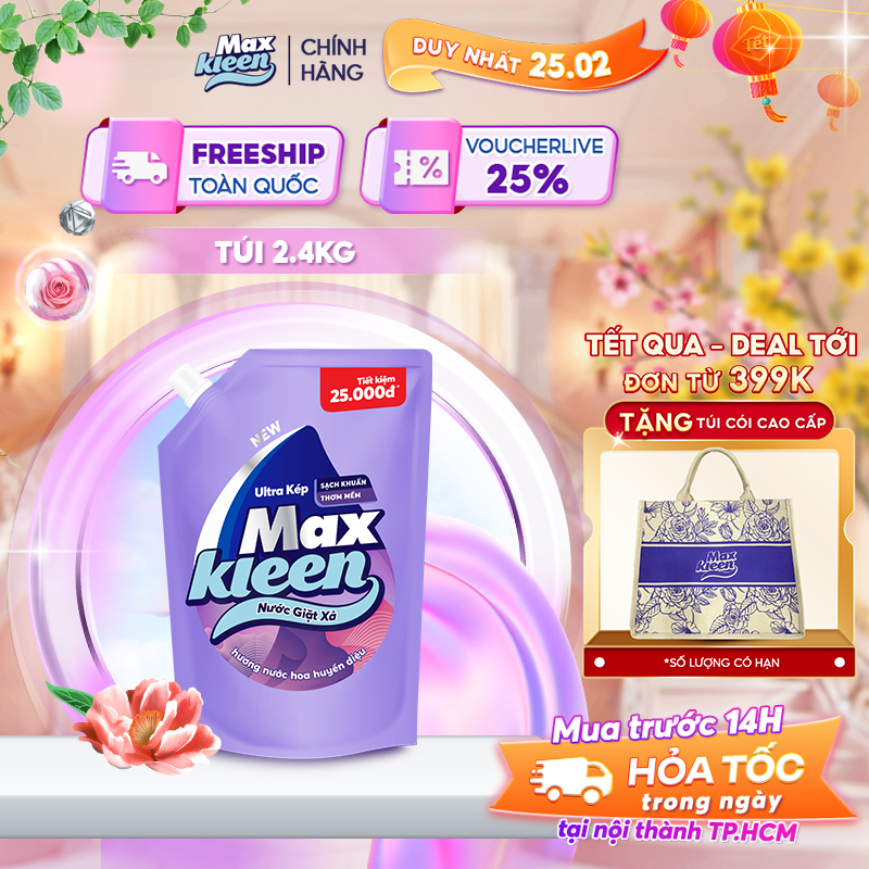 Túi Nước Giặt Xả MaxKleen Hương Nước Hoa Huyền Diệu 2,4kg