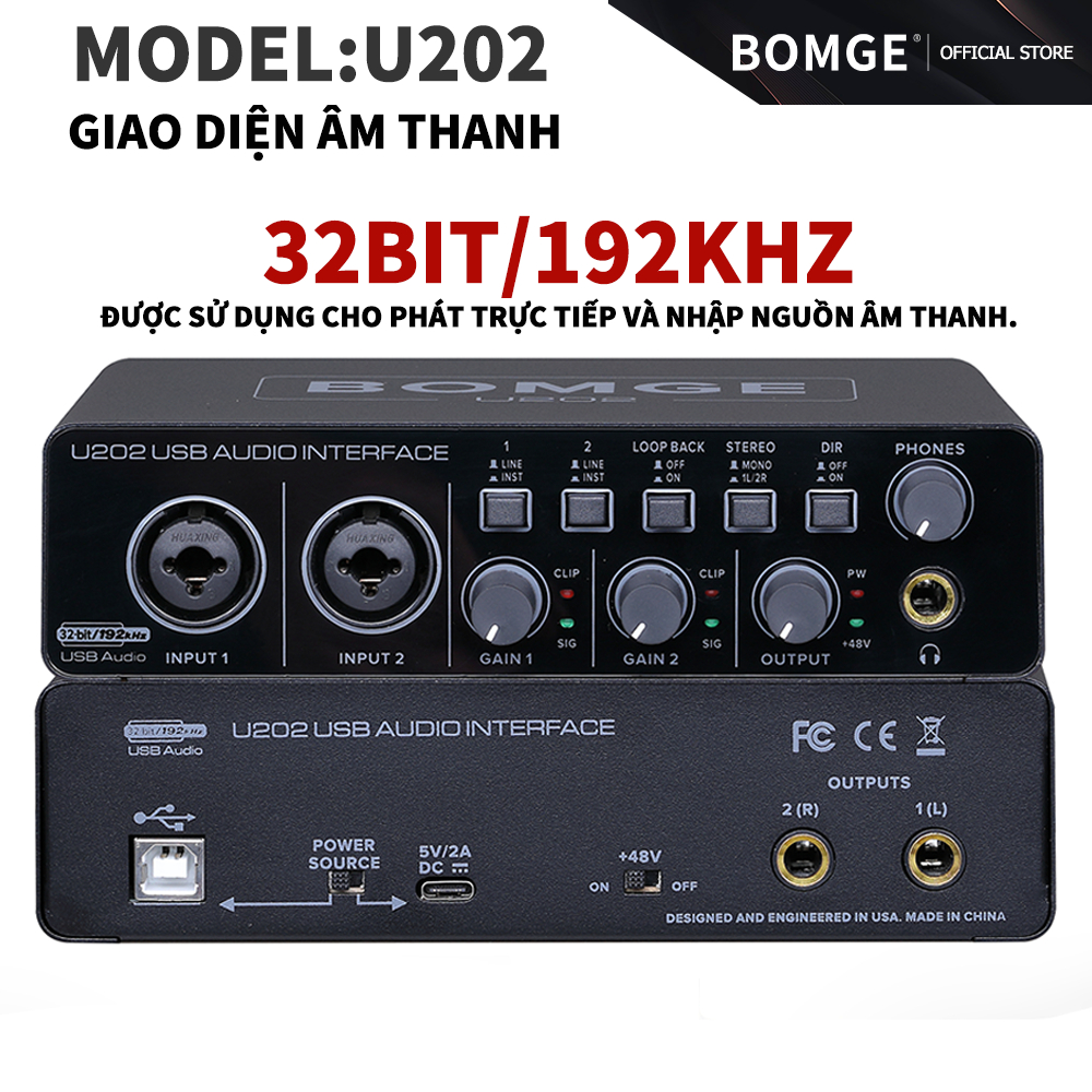 BOMGE U202 Card Âm Thanh USB 32-bit/192kHz - Bộ Giao Diện Thu Âm Với Preamp Micro, Cổng XLR/TRS/TS, 