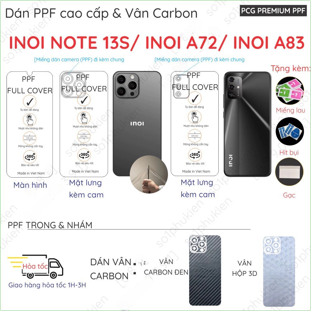 Dán PPF & Vân Carbon Inoi Note 13s/ Inoi A72/ Inoi A83 cho màn hình,mặt lưng loại trong, nhám chuẩn 