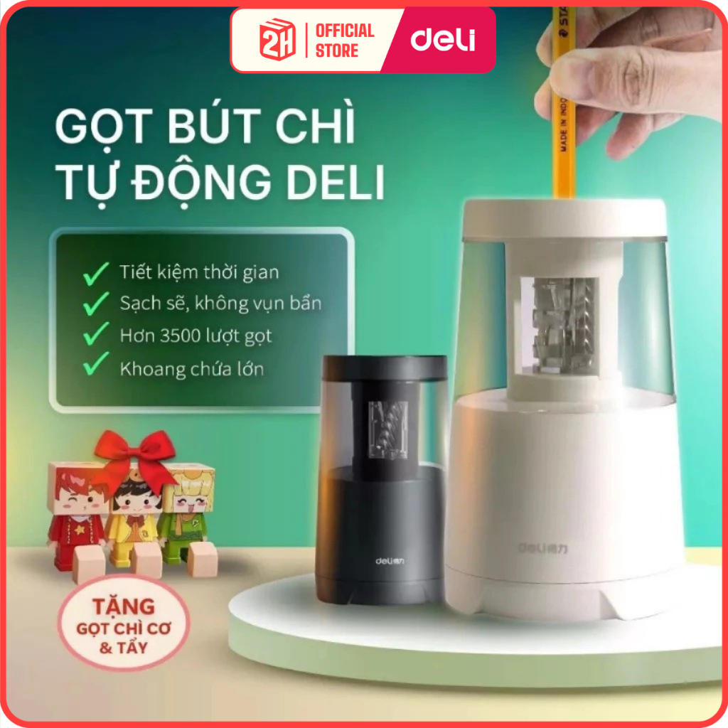 Gọt bút chì tự động deli chuốt bút chì tự động gọt bút chì điện tặng gọt chì cơ + sticker