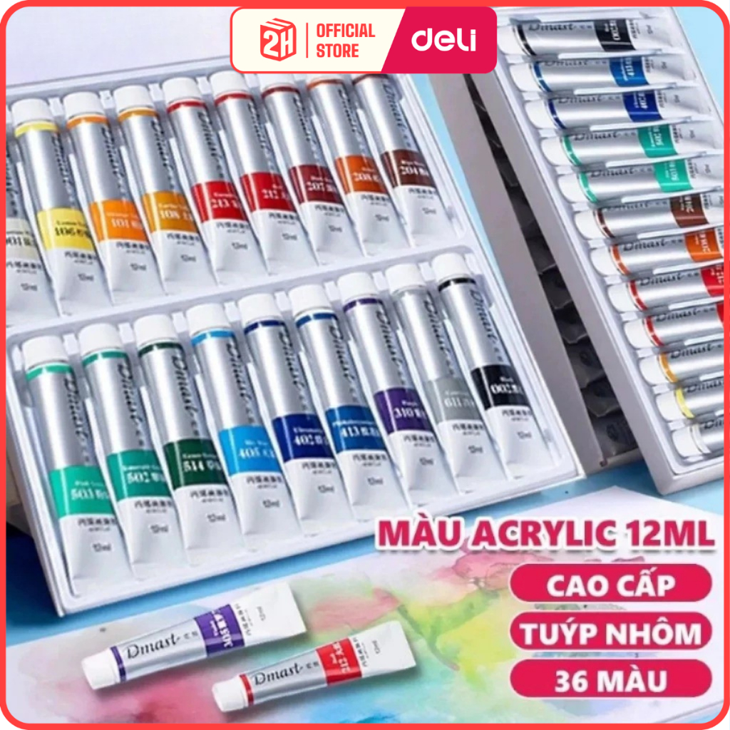 Màu Acrylic Dạng Tuýp 12ml Dmast Cao Cấp Deli, Màu Nước Acrylic Chống Nước, Bền Màu, VPP