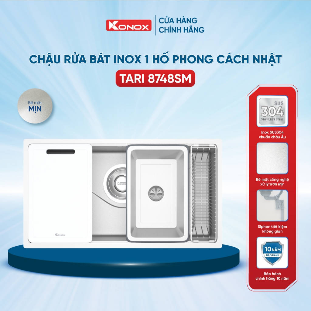 Chậu rửa bát inox 1 hố Konox TARI 8748SM phong cách Nhật bề mặt MỊN - Bảo hành 10 năm