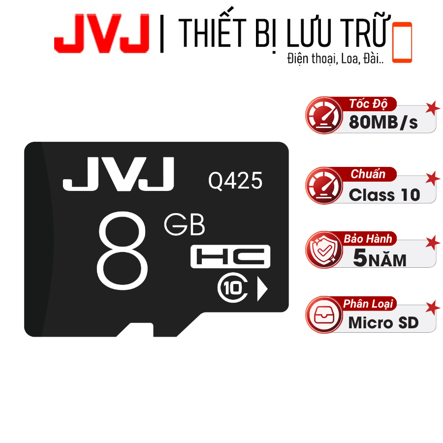 Thẻ Nhớ JVJ 8G Class 10 - Dùng Cho Điện Thoại, Máy Ảnh, Loa, Đài,... Bảo Hành 5 Năm