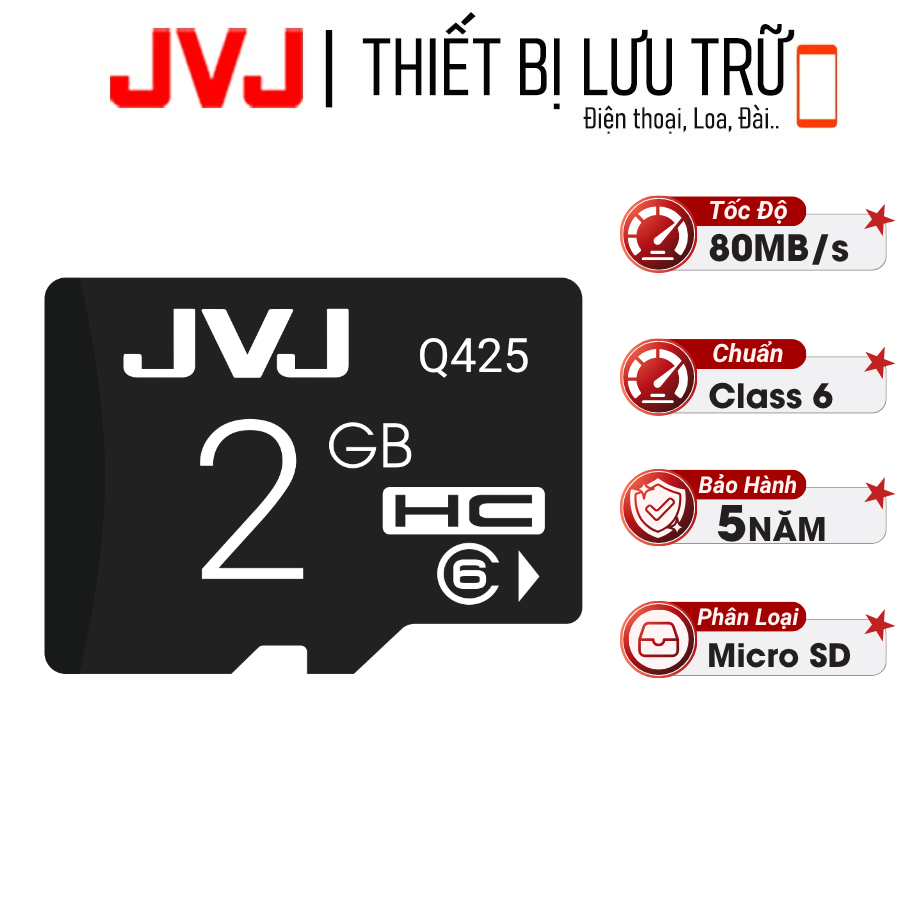 Thẻ nhớ 2G JVJ C10 tốc độ cao - Dùng Cho Điện Thoại, Máy Ảnh, Loa, Đài,... Bảo Hành 5 Năm 1 Đổi 1