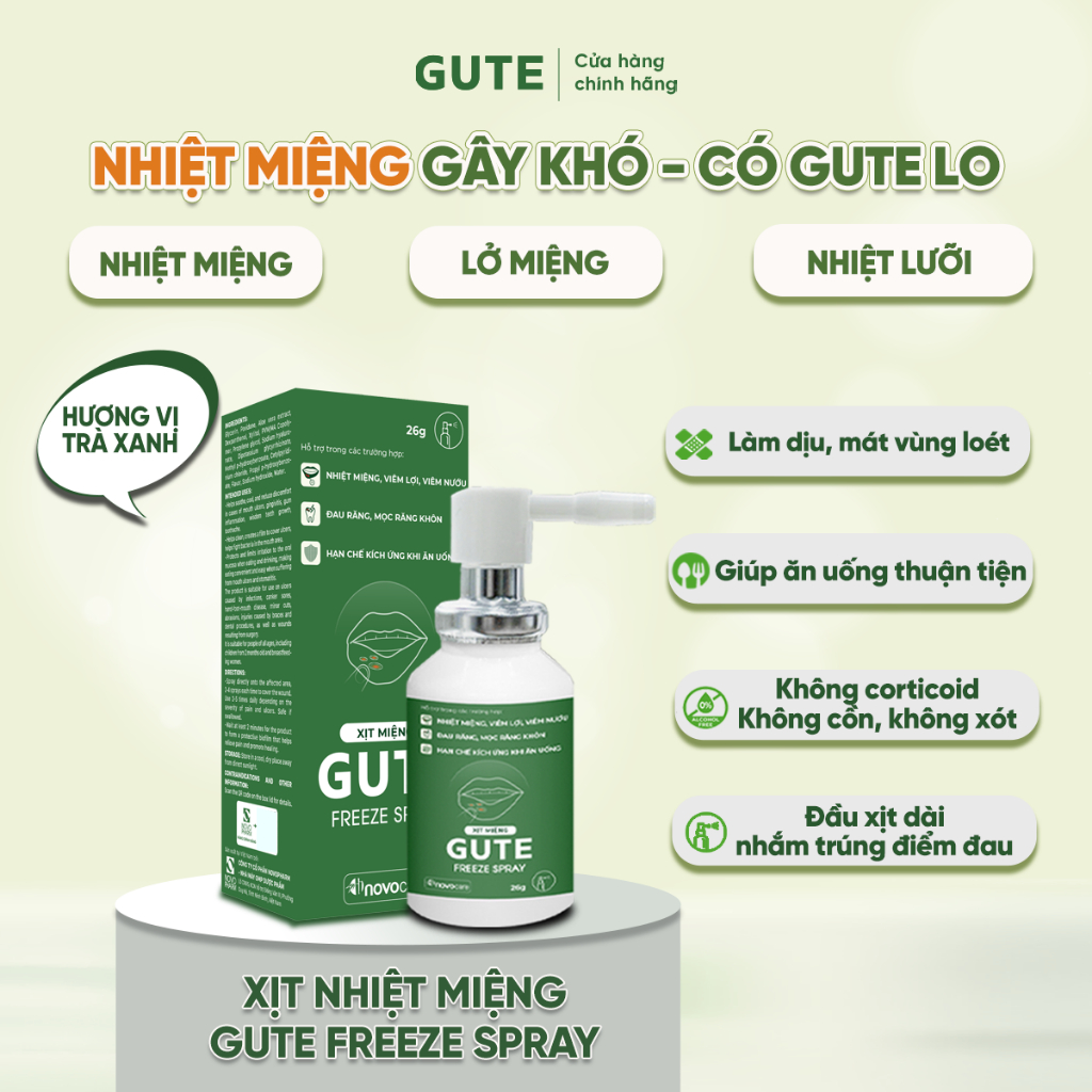 Xịt Nhiệt Miệng Gute Freeze Giúp Giảm Đau Rát Do Nhiệt Miệng, Lở Miệng, Vị Matcha An Toàn Cho Trẻ Em
