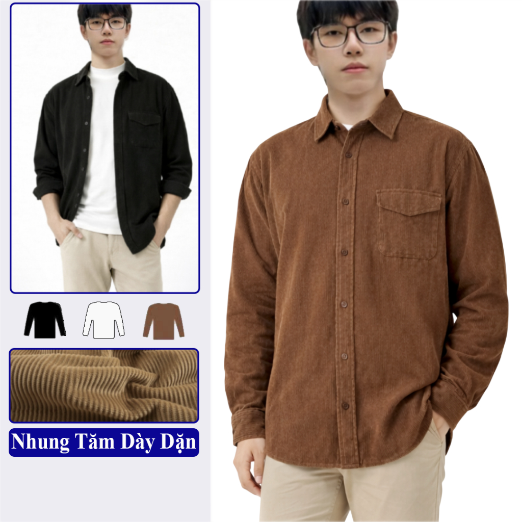 Áo Sơ Mi Nam Form Rộng Nhung Tăm Dài Tay VICENZO. Sơ Mi Nam Dáng Rộng Tay Dài Chất Nhung Tăm