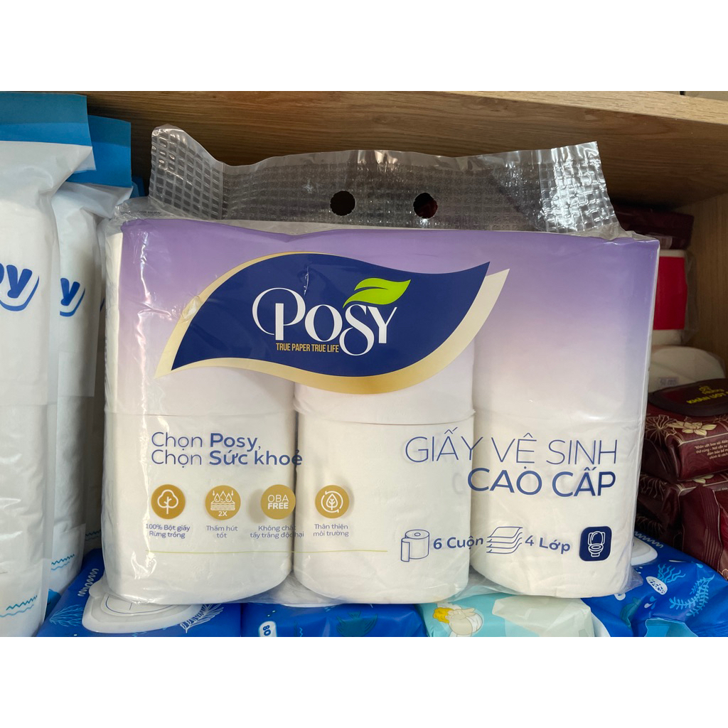 Giấy vệ sinh cao cấp Posy, bịch 6 cuộn 4 lớp, siêu dai, dày, mịn