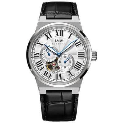 Đồng hồ nam chính hãng I&W Carnival 681G-D1 lộ cơ, Kính chống xước,chống nước ,máy cơ Automatic,mặt trắng dây da đen