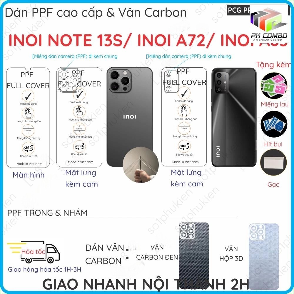 Dán PPF & Vân Carbon Inoi Note 13s/ Inoi A72/ Inoi A83 cho màn hình,mặt lưng loại trong, nhám chuẩn 