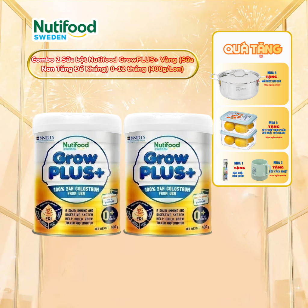 [Chính Hãng] Bộ 2 Sữa Bột Nutifood GrowPLUS+ Vàng (Sữa Non Tăng Đề Kháng) 800g - 0-12 Tháng Tuổi (2 