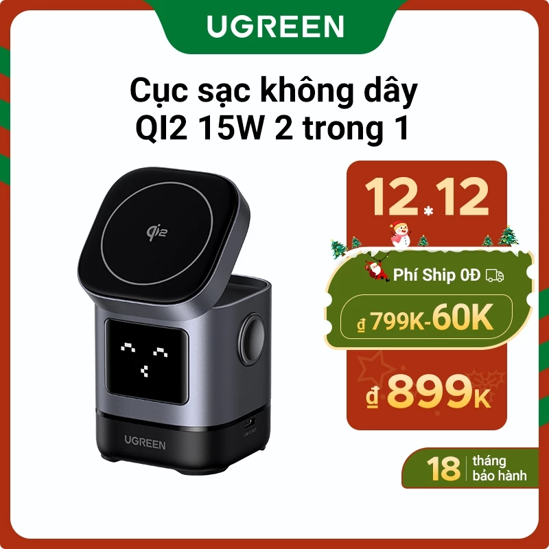 Bộ Sạc Không Dây UGREEN 2 IN 1 UNO Sạc Nhanh 25W Max Chuẩn Qi2, 15W iPone 5W cho Airpods