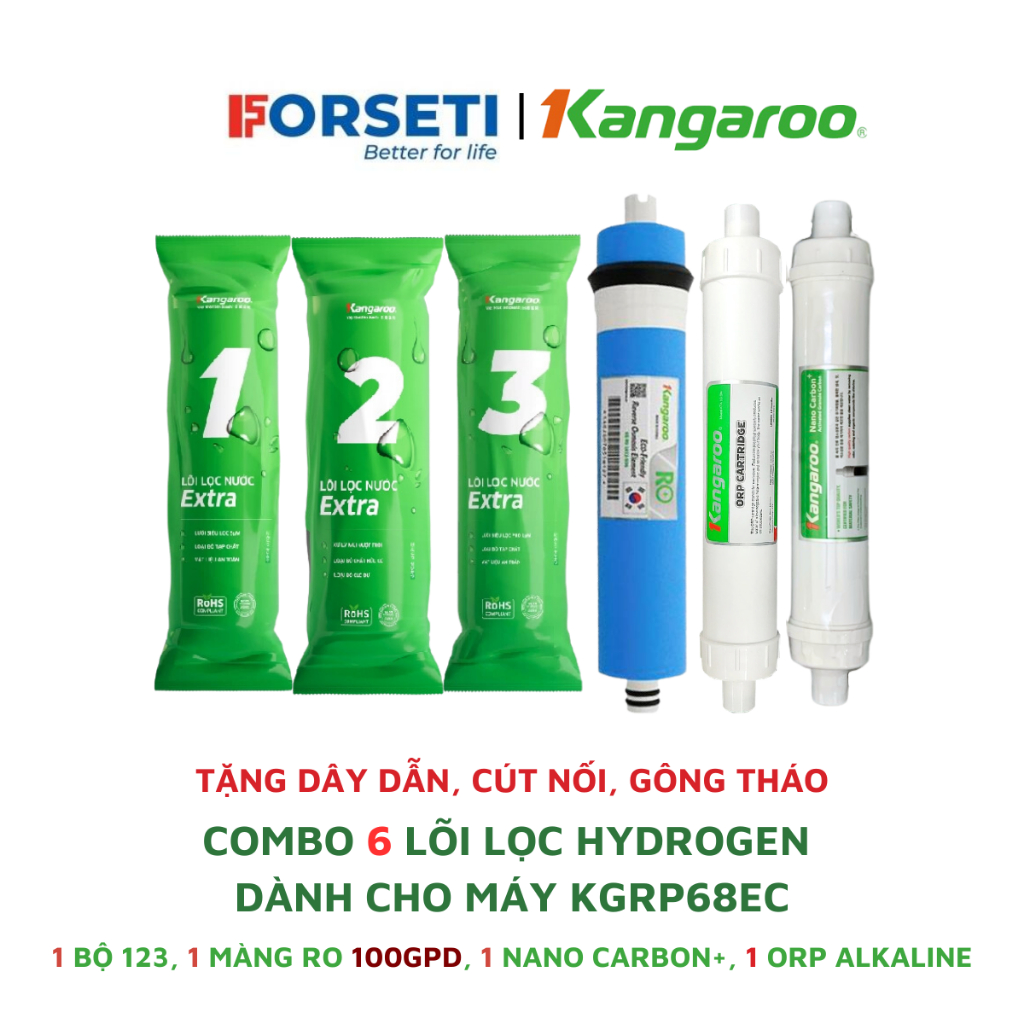 Combo 6 lõi lọc Kangaroo hydrogen dành cho máy KGRP68EC (123 EXTRA, RO 20L/H, NANO HA, ORP) hàng chí