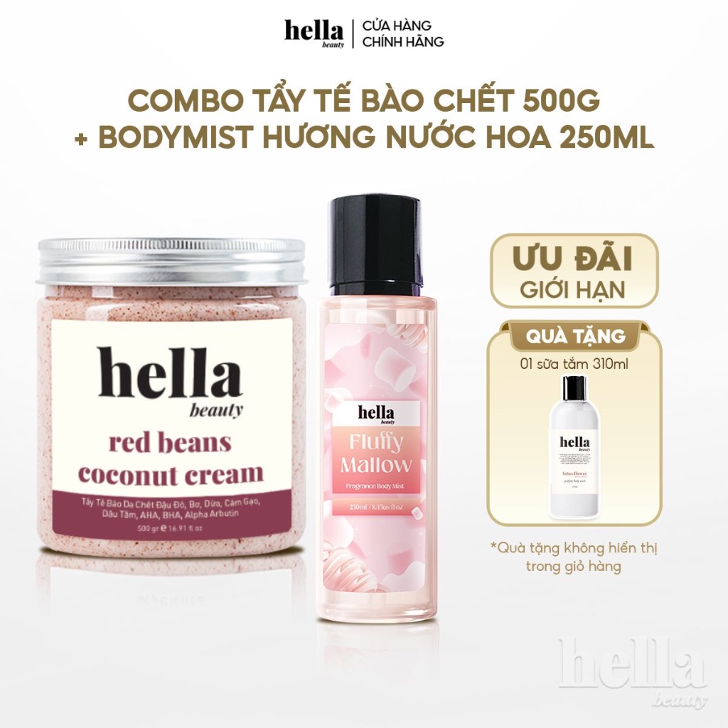 Combo tẩy tế bào chết body + Bodymist hương nước hoa 250ml Hella Beauty