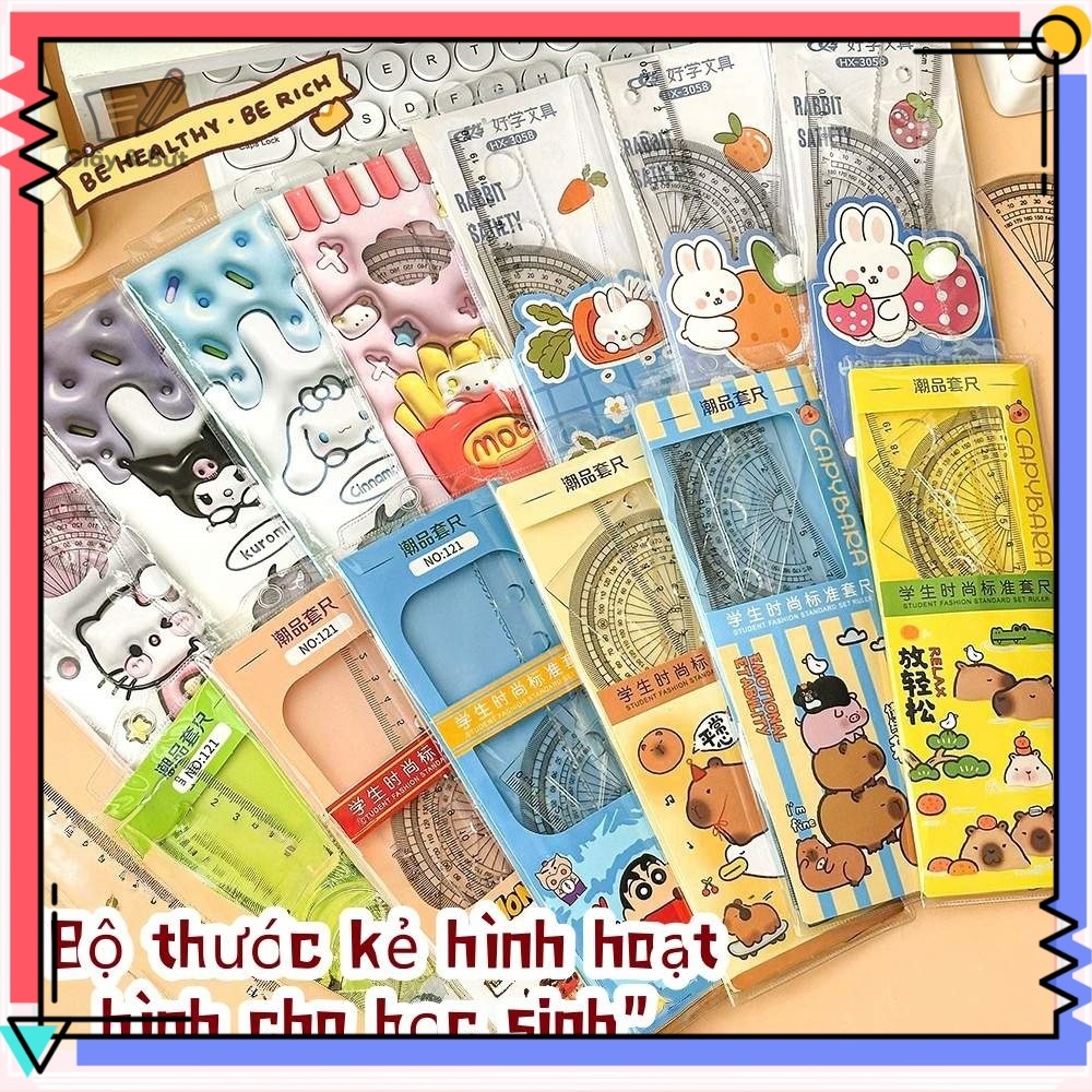 Bộ 4 Thước Hình  - Set Êke Đa Năng, Đồ Dùng Học Tập Dễ Thương, Chất Liệu An Toàn--Bộ compa
