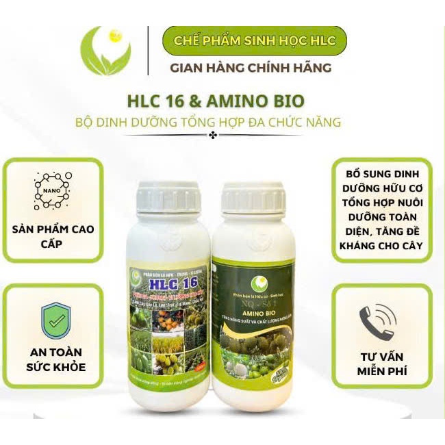 Combo hlc 16 và amino bio chai 500ml phân bón lá cao cấp giúp bật chồi vọt đọt mập cơi xanh dày lá