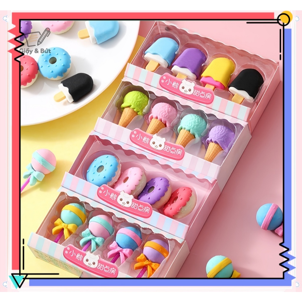 Bộ 4 Cục Tẩy Hình Dễ Thương - Tẩy Sạch Nhanh, Nhiều Màu Sắc, Quà Tặng Học Sinh-Quà Tết