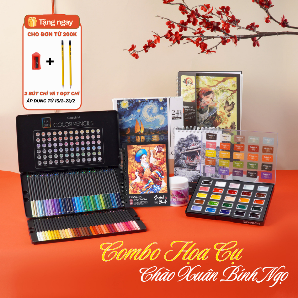 [TẶNG QUÀ] Combo Họa Cụ Cao Cấp GLOBAL ART- Bộ Luyện Vẽ Phác Thảo Sáng Tạo Sketchbook với Màu Nước, 