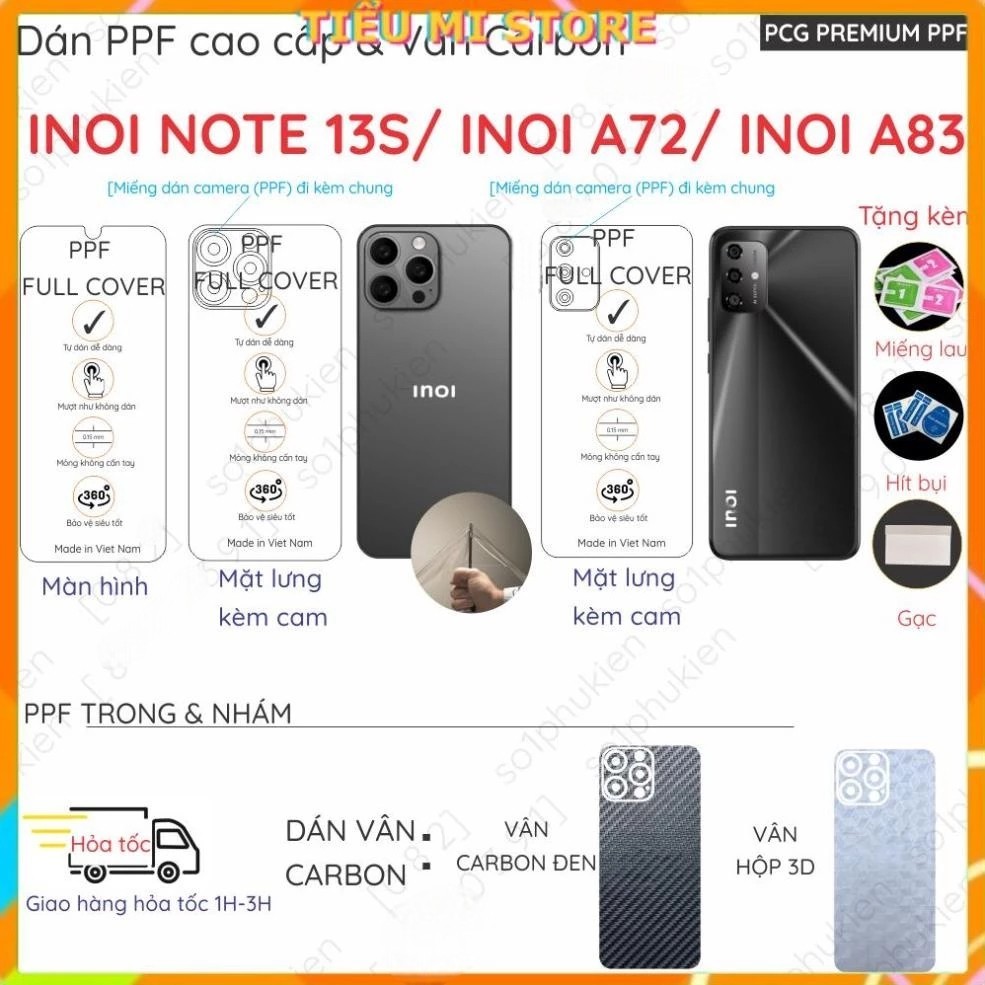 Dán PPF & Vân Carbon Inoi Note 13s/ Inoi A72/ Inoi A83 cho màn hình,mặt lưng loại trong, nhám chuẩn 
